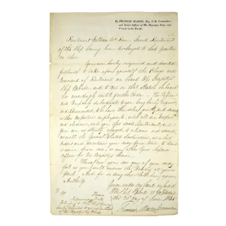 Manuscript Letter to Edward Harene of HMS Conway to Transfer to HMS Blonde where he is promoted to Lieutenant replacing Lieutenant William McCan discharged through illness.