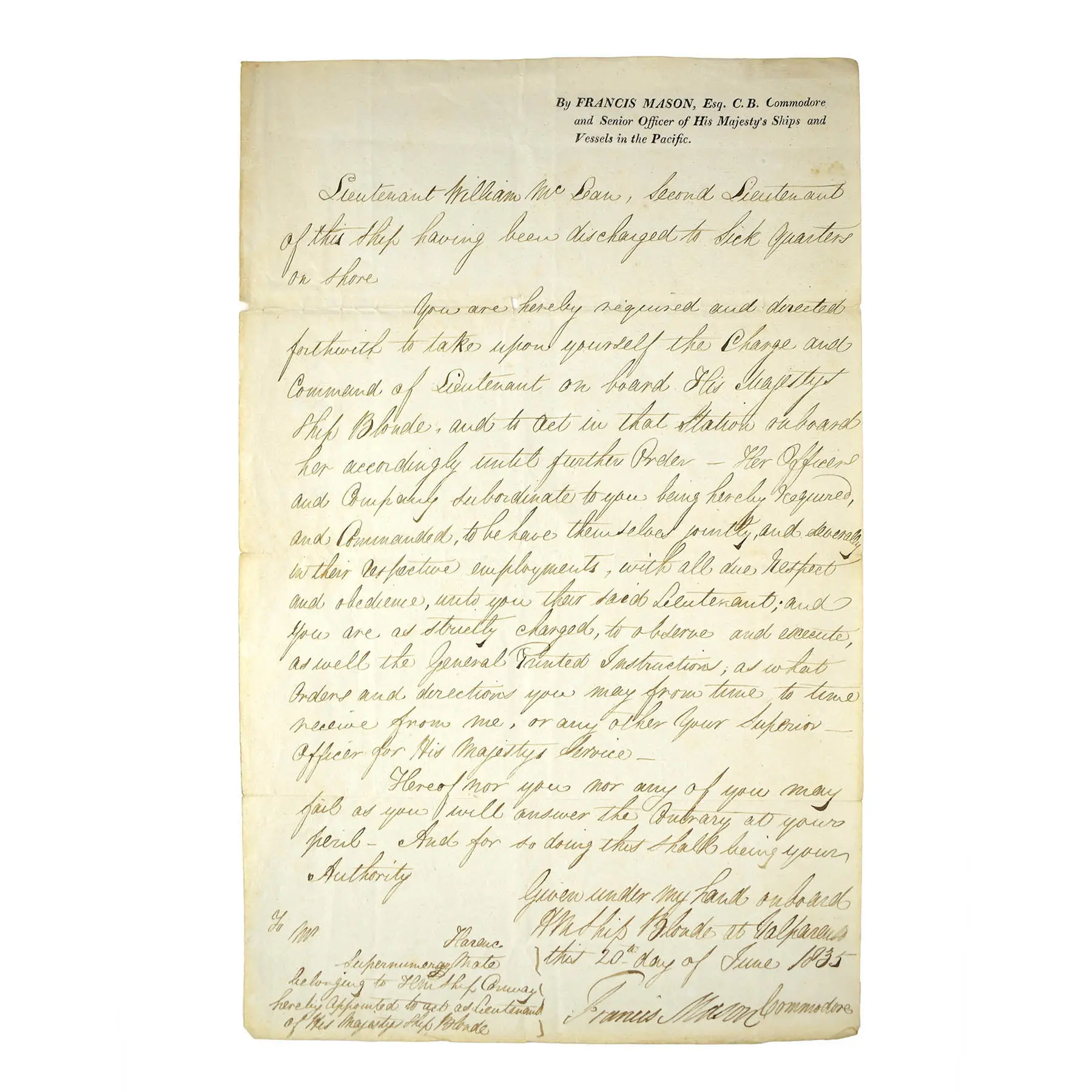 Manuscript Letter to Edward Harene of HMS Conway to Transfer to HMS Blonde where he is promoted to Lieutenant replacing Lieutenant William McCan discharged through illness.