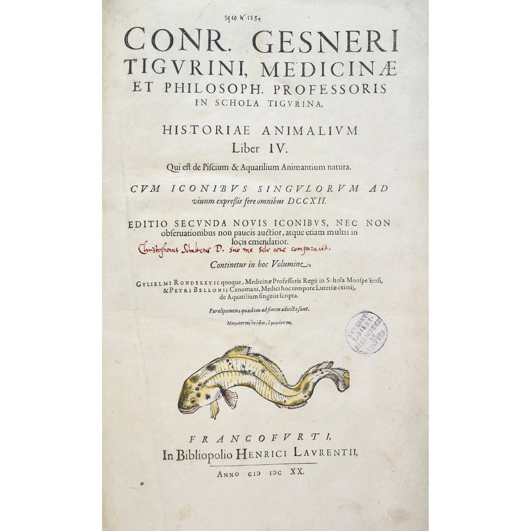Historiae Animalium liber IV. Qui est de Piscium & Aquatilium Animantium natura. Cum iconibus singulorum ad vivum expressis… Continentur in hoc volumine, Gulielmi Rondeletii… (2)