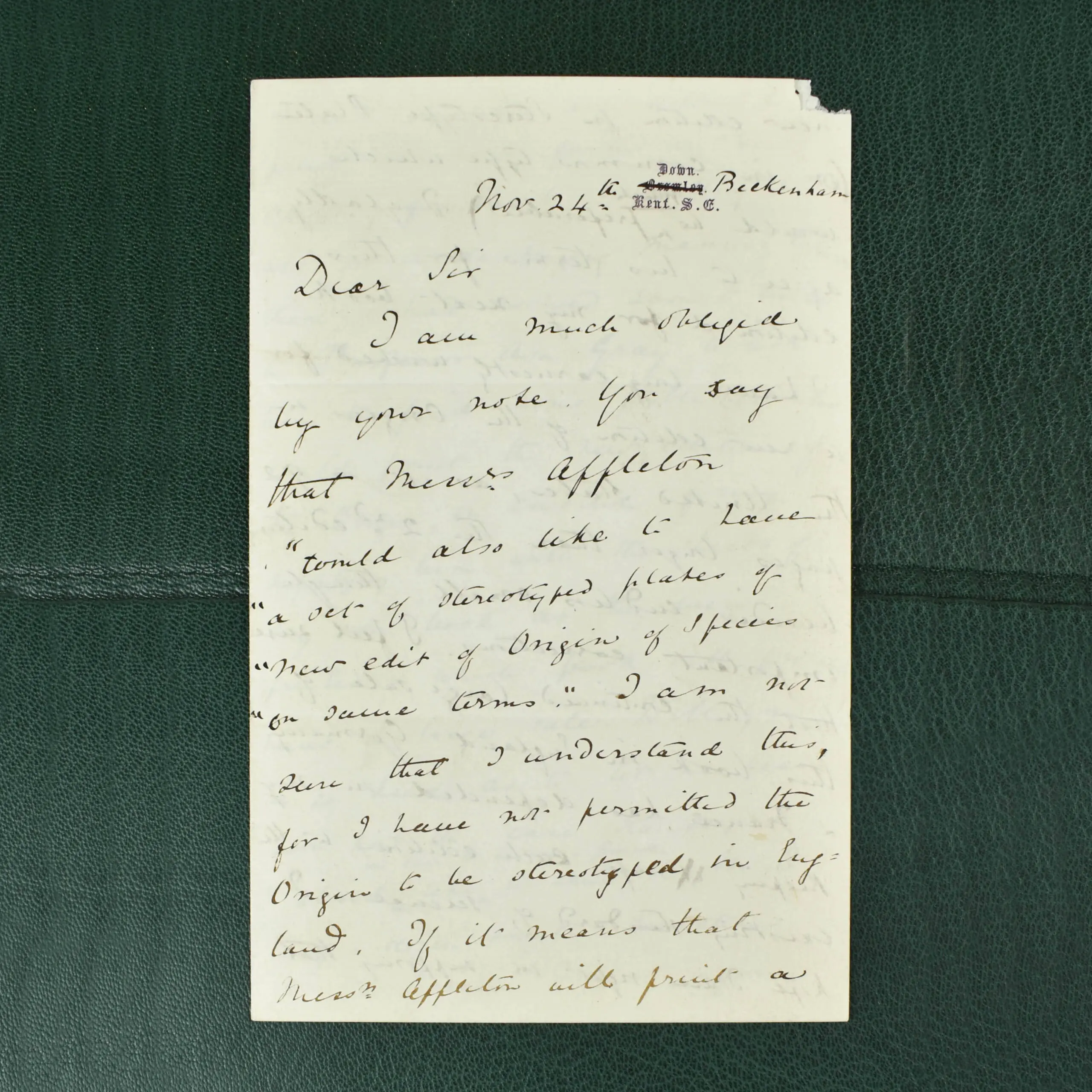 DARWIN LETTER TO PUBLISHER ABOUT ORIGIN