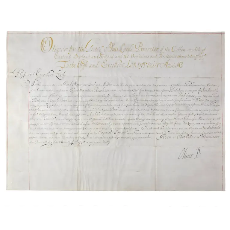 A Splendid Important Manuscript Signed Oliver P. to the High and Excellent Lord Vizier Azem Concerning the Attack on the ‘Resolution’ by Turkish Pirates.