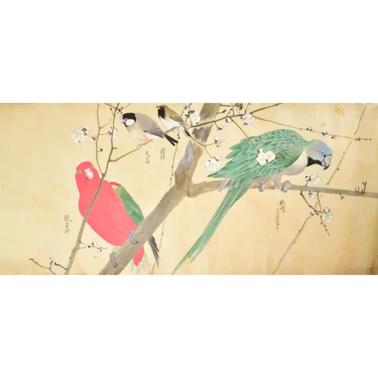 A Fine Scroll with Watercolours of 29 Birds including 12 Parrots.