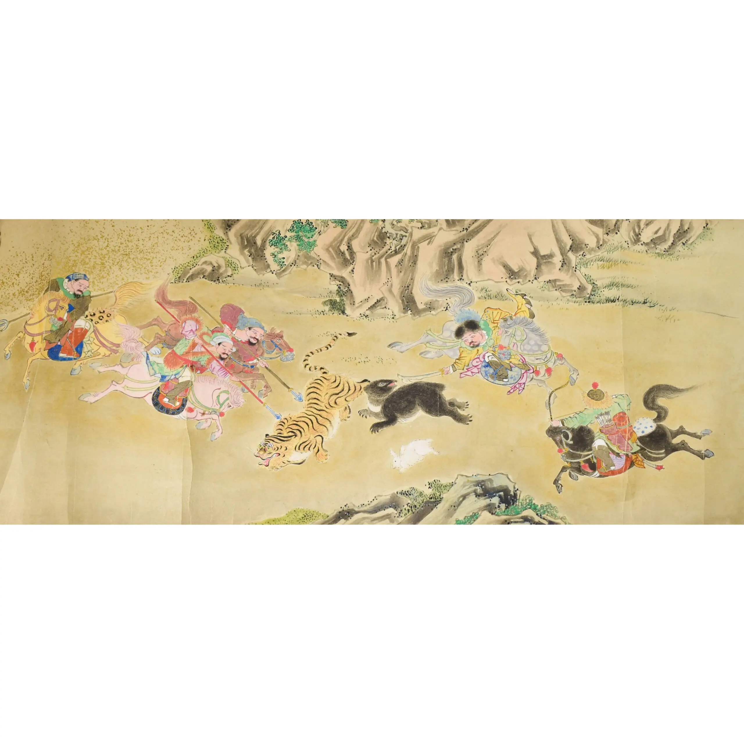 A Very Fine Brightly Coloured Picture Scroll of Tartar's hunting Tigers and other Animals.