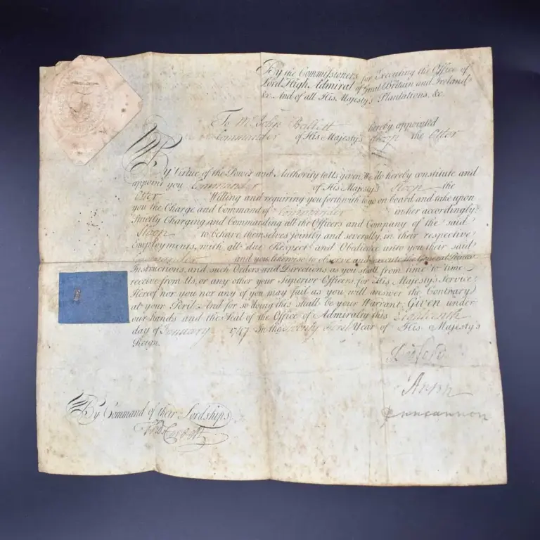 A Commission “To Mr John Ballett, hereby appointed Commander of His Majesty’s Sloop the Otter”