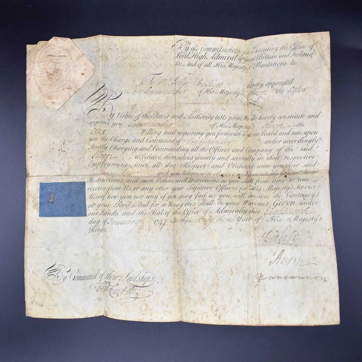 A Commission “To Mr John Ballett, hereby appointed Commander of His Majesty's Sloop the Otter"