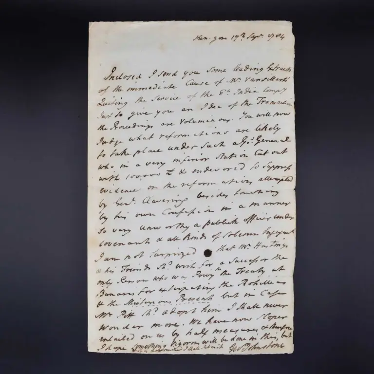 An Important Autograph Letter concerning Warren Hastings and the Treaty of Banaras