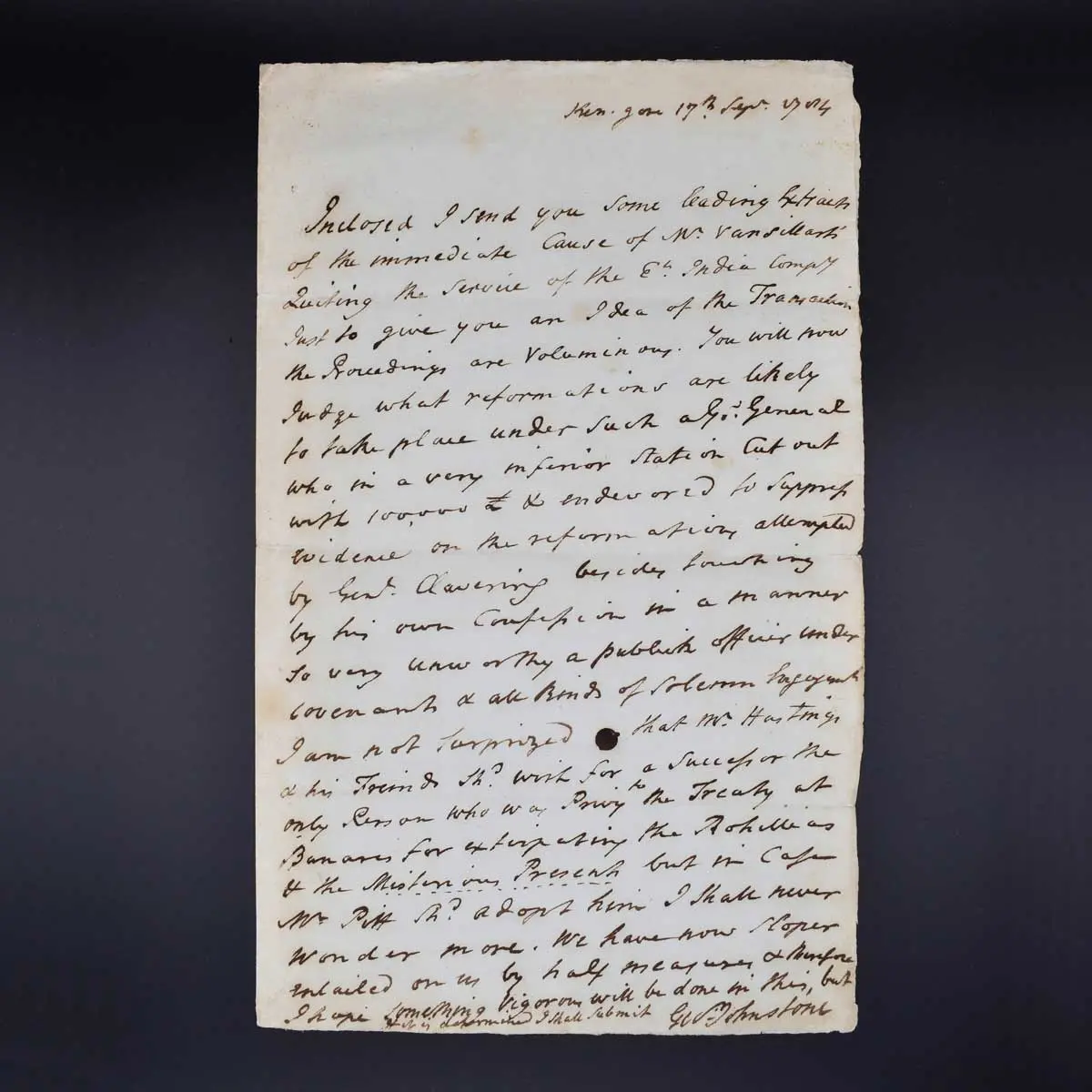 An Important Autograph Letter concerning Warren Hastings and the Treaty of Banaras