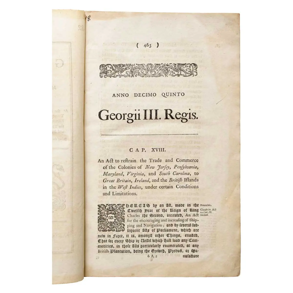 An Act to restrain the Trade and Commerce of the Colonies of New Jersey, Pensylvania, Maryland, Virginia, and South Carolina, to Great Britain, Ireland, and the British Islands in the West Ind