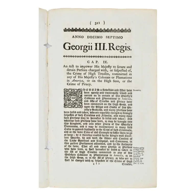 An Act to Impower His Majesty to Secure and detain Persons charged with, or suspected of, the Crime of High Treason, committed in any of His Majesty’s Colonies or Plantations in America