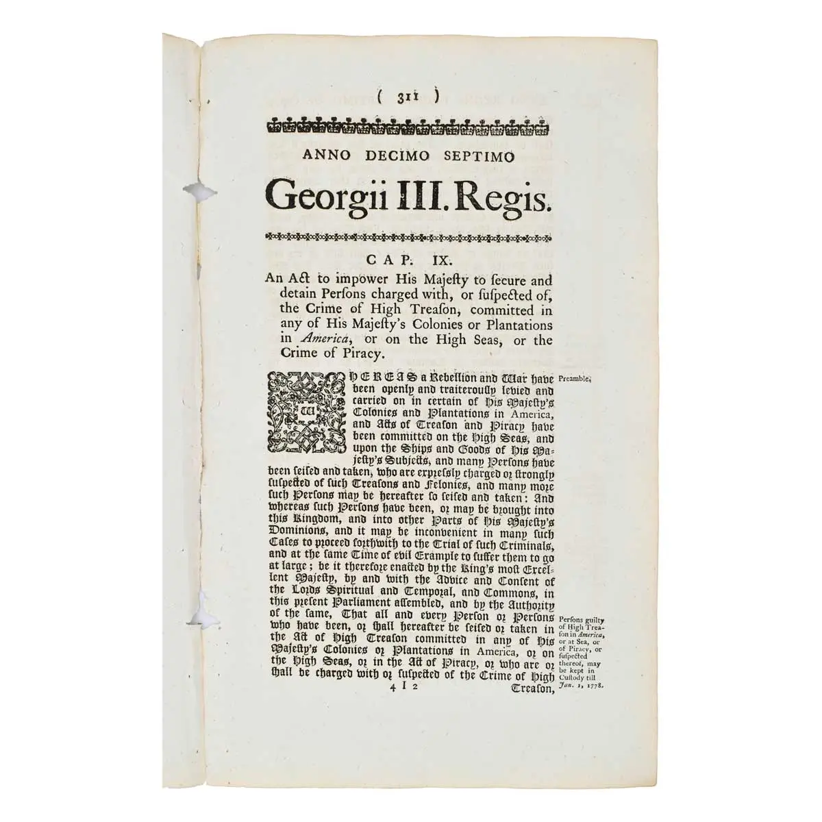 An Act to Impower His Majesty to Secure and detain Persons charged with, or suspected of, the Crime of High Treason, committed in any of His Majesty's Colonies or Plantations in America