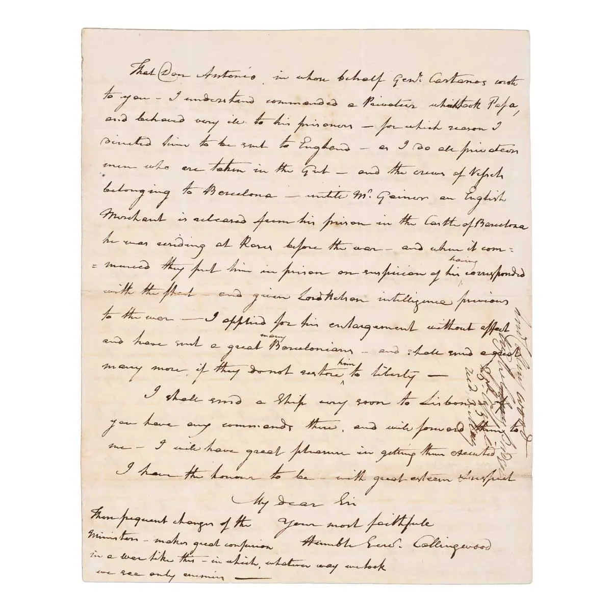 Autograph letter to His Excellency Lieutenant General Sir Hew Dalrymple, General Officer Commanding Northern District, and Acting Governor of Gibraltar (3)