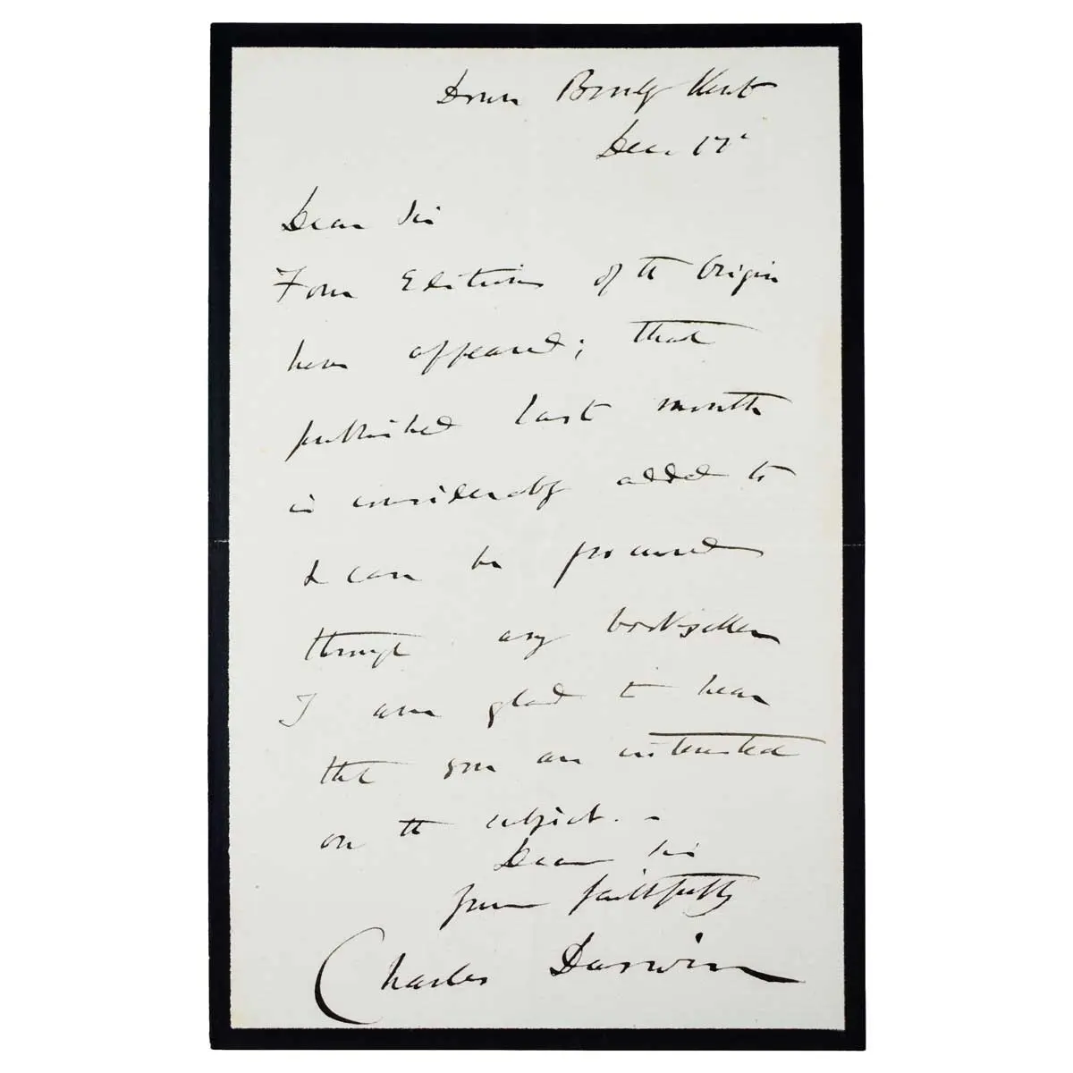 Autograph letter signed, concerning editions of the Origin of Species.