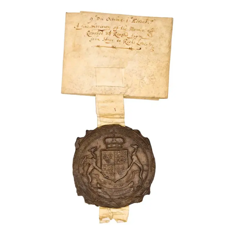 Exemplification of a Fine and Recovery in the Court of Common Pleas from John Stacy to Richard Lone for the Manor of Romshed (or Rumstead in Sevenoaks and Tonbridge).