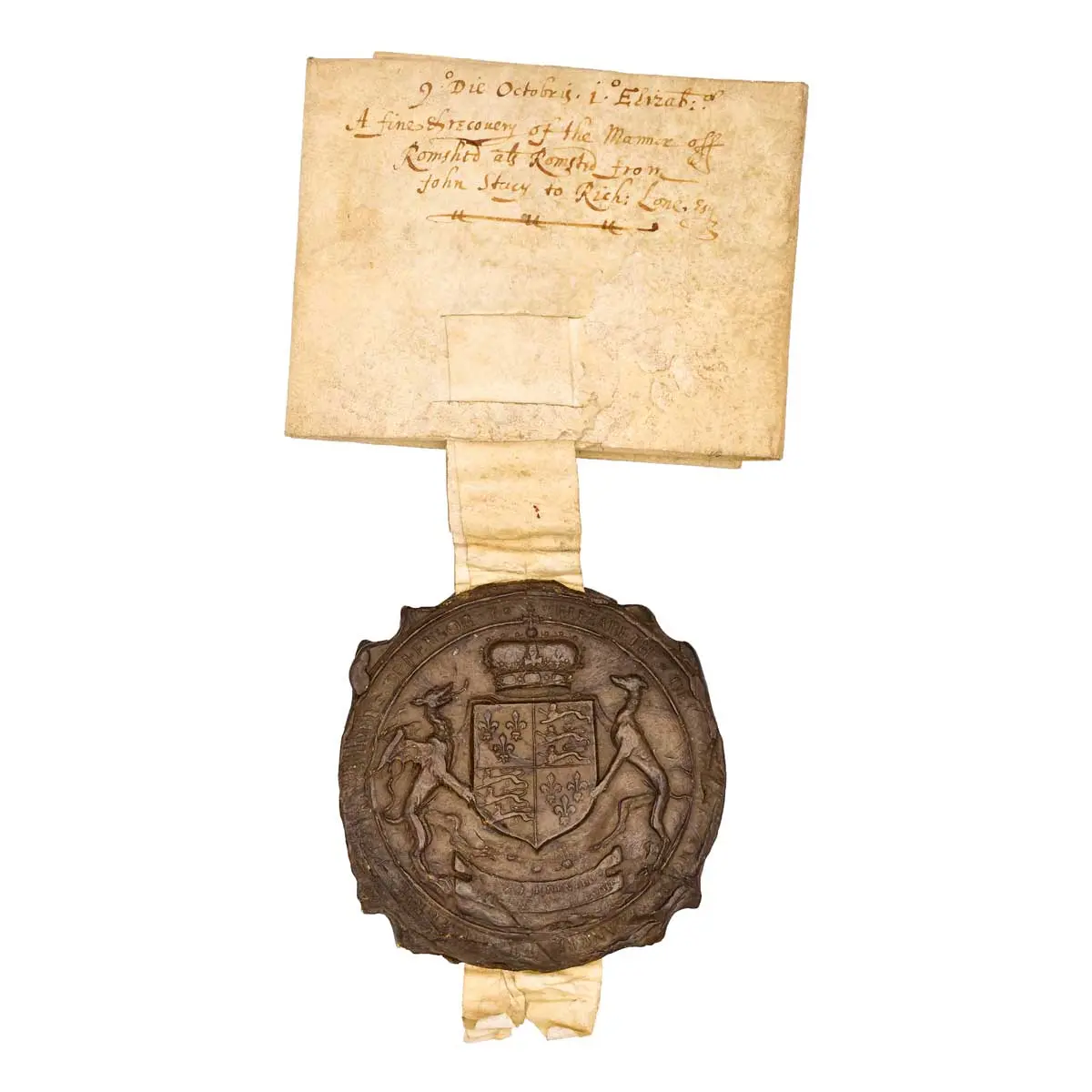Exemplification of a Fine and Recovery in the Court of Common Pleas from John Stacy to Richard Lone for the Manor of Romshed (or Rumstead in Sevenoaks and Tonbridge).