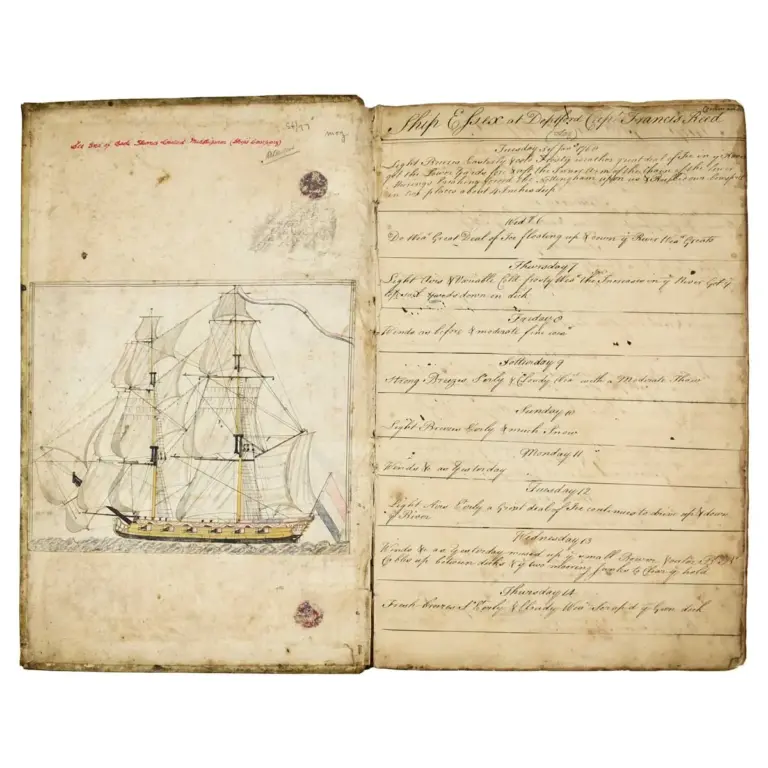 SHIP’S LOG FOR THE EAST INDIAMAN ESSEX for a voyage from London to India, Sri Lanka and return, January 1768 – December 1769.