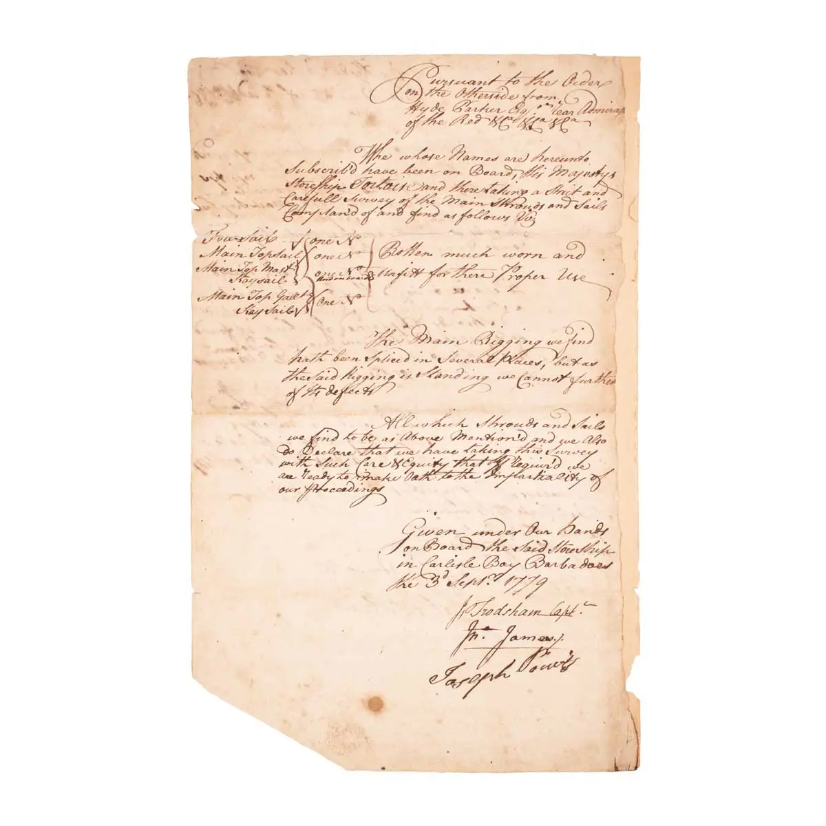 Manuscript letter on replacing sails damaged in the battle of Granada