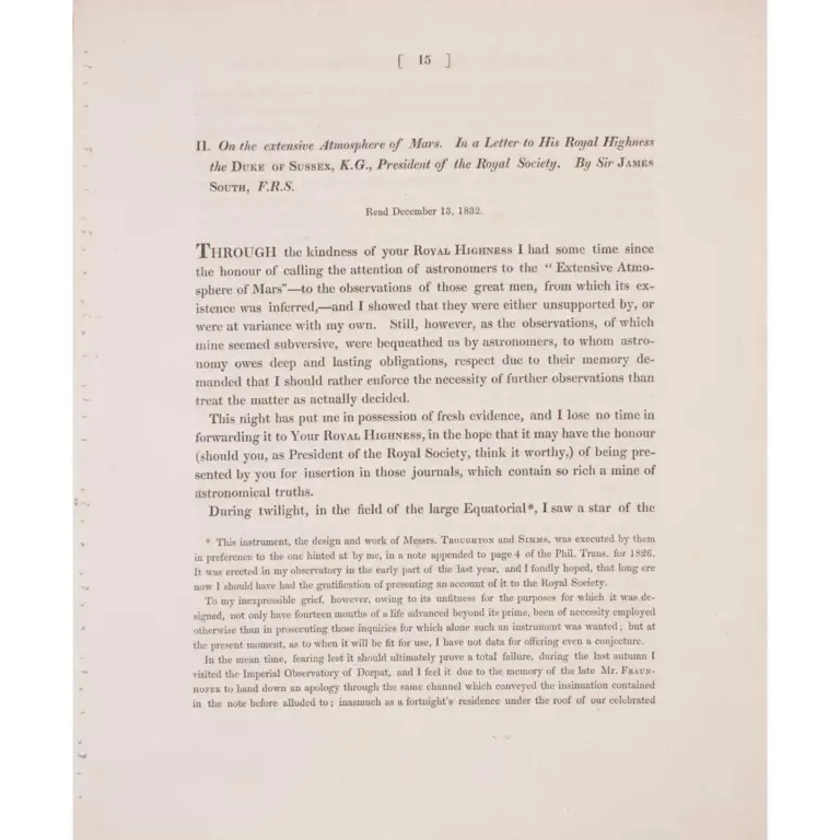On the Extensive Atmosphere of Mars. In a Letter to His Royal Highness the Duke of Sussex, K.G., President of the Royal Society.