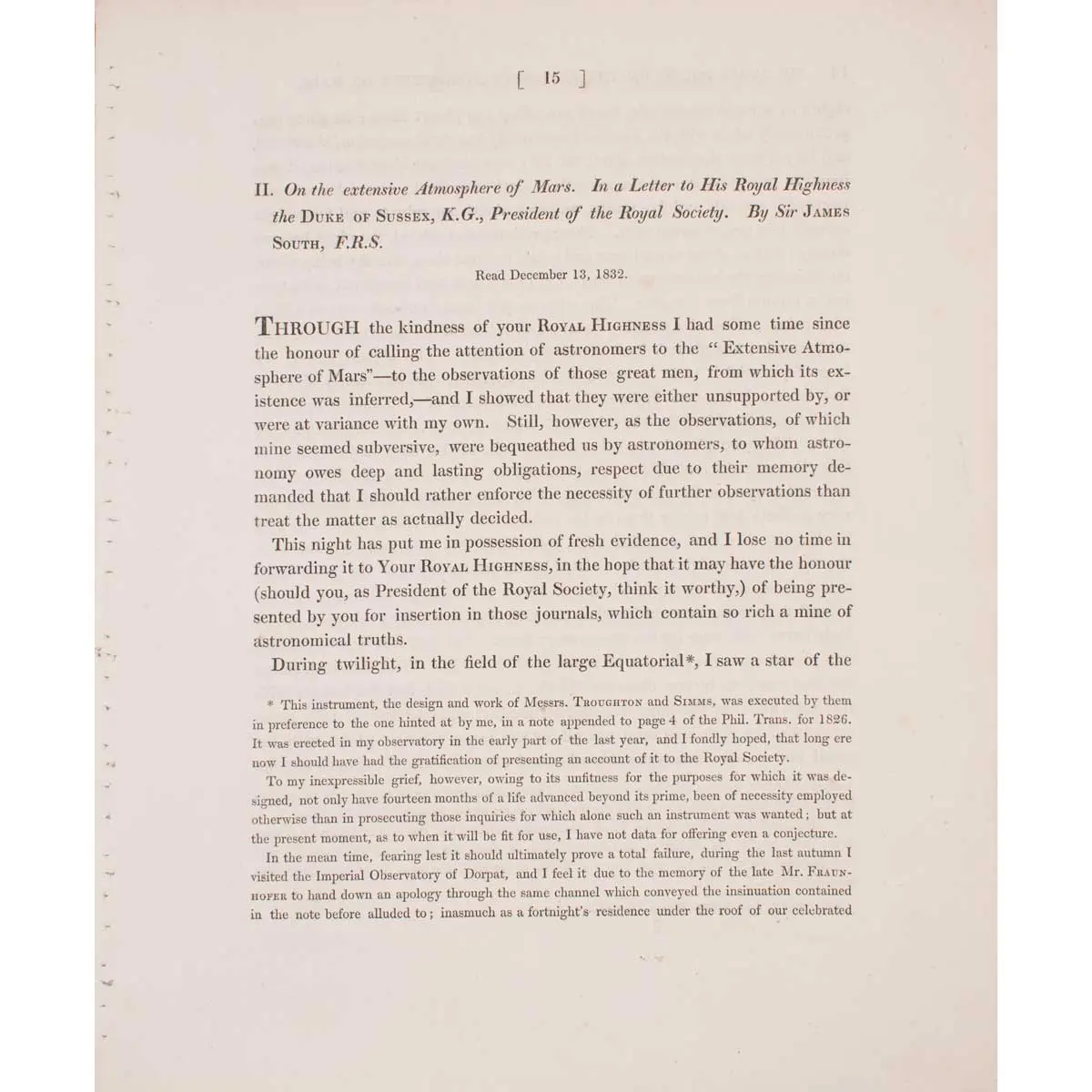 On the Extensive Atmosphere of Mars. In a Letter to His Royal Highness the Duke of Sussex, K.G., President of the Royal Society.
