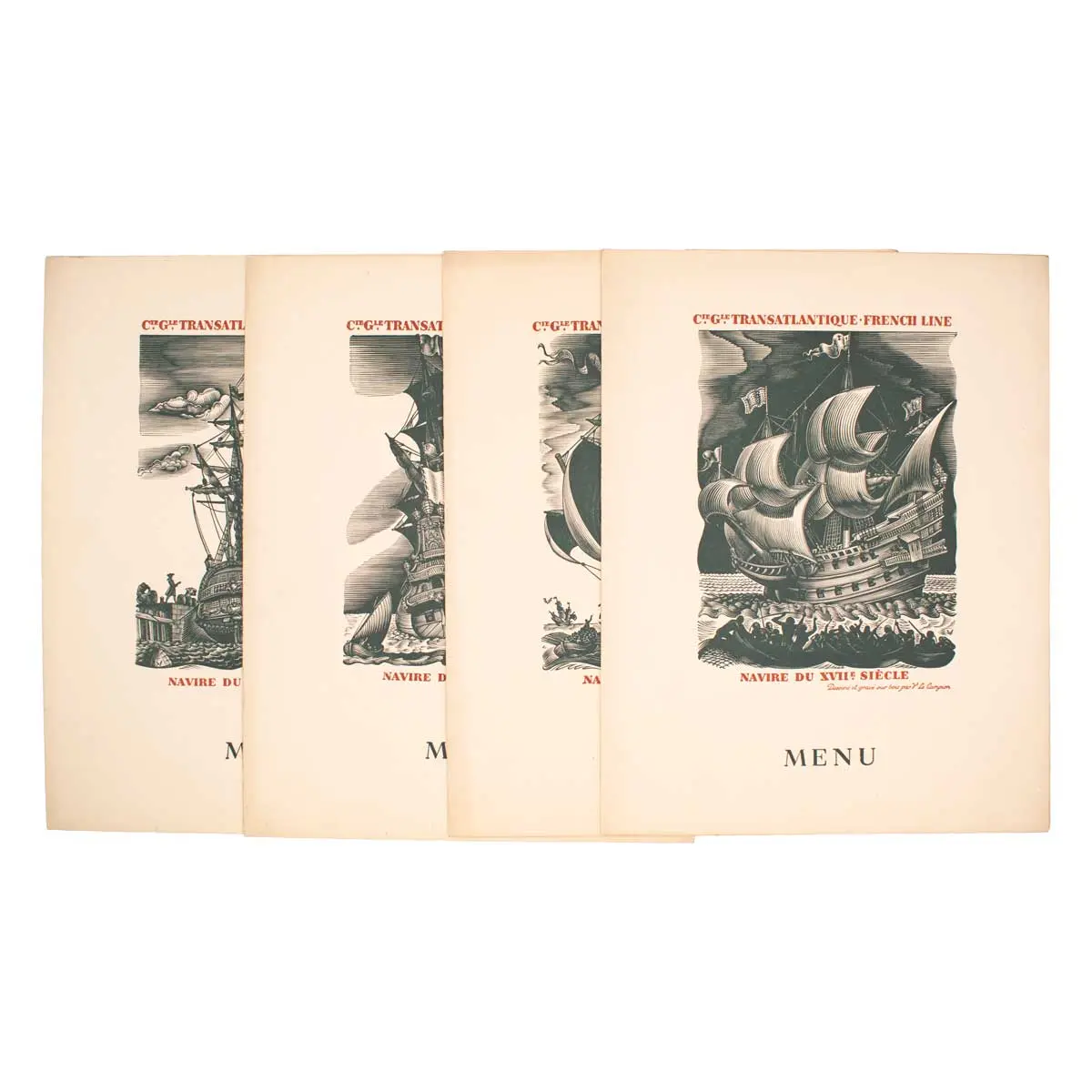 A Collection of 4 Menus for Breakfast and dinner on board M.S. Lafayette