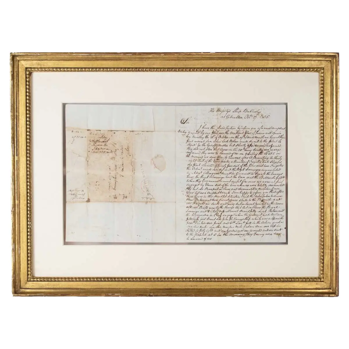 A Fine Autograph Letter Signed ("George Sievers") to Thomas Tunnard relaying his observations aboard the Belleisle at Trafalgar, 27 October 1805.