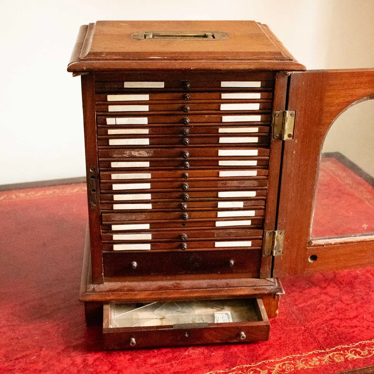 A French Polished Specimens Cabinet with Brass Handle Engraved ALFRED RUSSEL WALLACE No.3