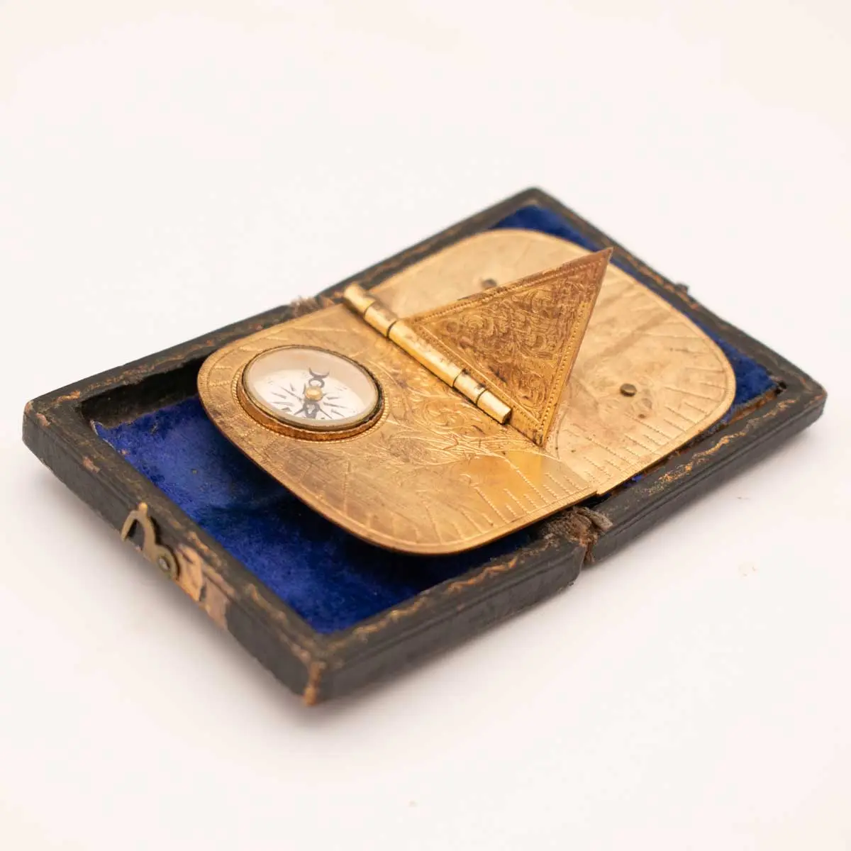 Victorian Gilt Metal Folding Pocket Sundial with Inset Compass