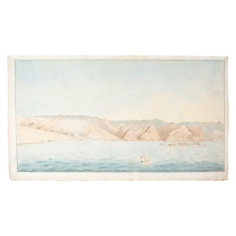 A Fine Watercolour Panorama of the Coastline of The Isle of Teneriffe naval vessels in the foreground, mountains and the town of Puerta de la Cruz in the background.