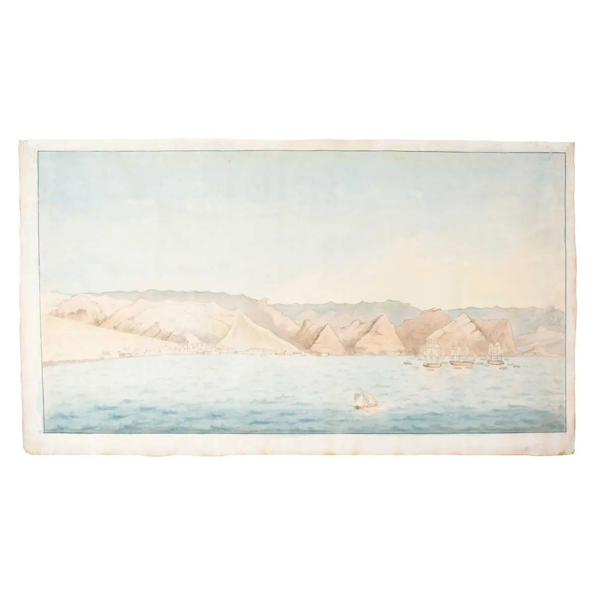 A Fine Watercolour Panorama of the Coastline of The Isle of Teneriffe naval vessels in the foreground, mountains and the town of Puerta de la Cruz in the background.