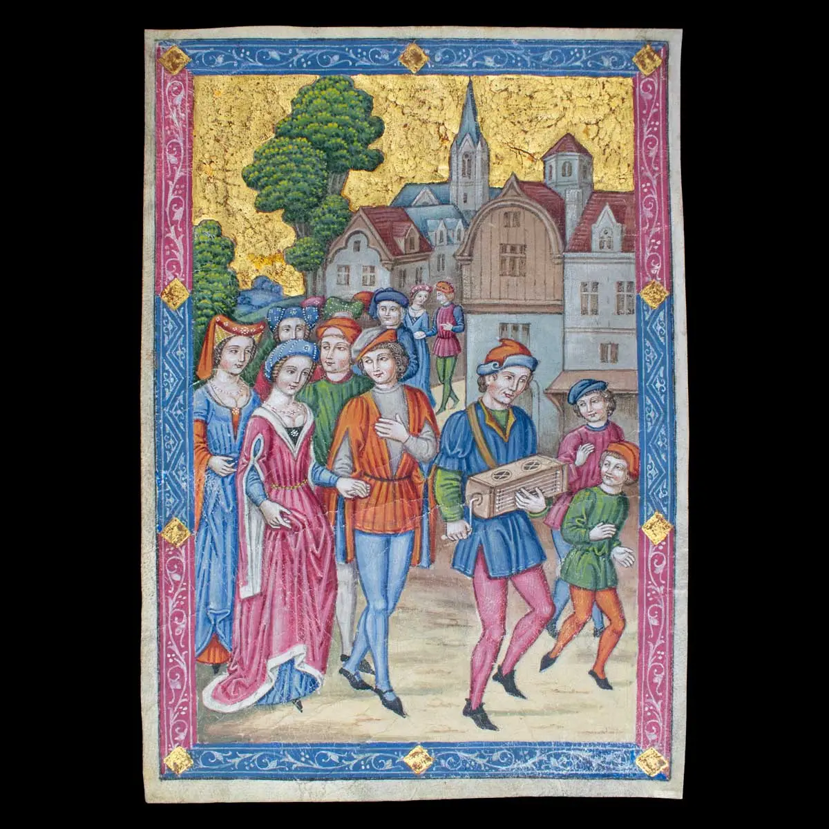 A Musician with a Music Box Leading a Noble Couple Perhaps Just Wed with an Ladies Attendant and Following of Nobles. Grand House in Background.