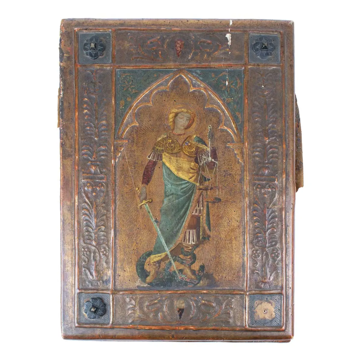 Upper Cover with a Carved & Painted Figure of the Archangel Michael and Lower Cover with the Arms of Gabriel del Commune of Sienna 1497.
