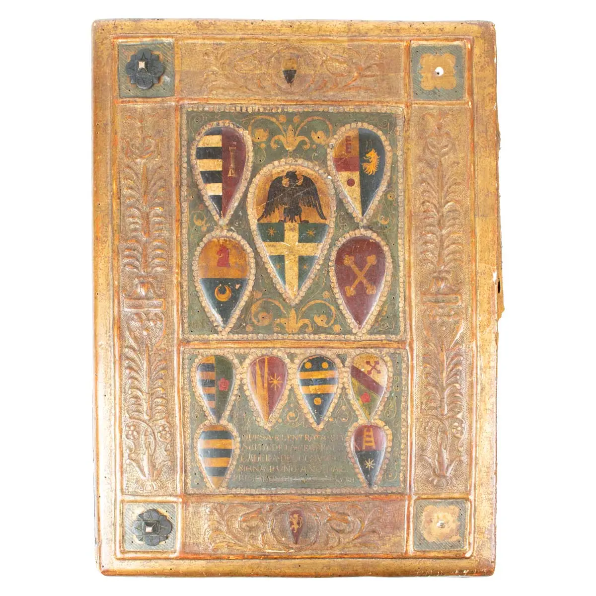 Upper Cover with a Carved & Painted Figure of the Archangel Michael and Lower Cover with the Arms of Gabriel del Commune of Sienna 1497 (3)