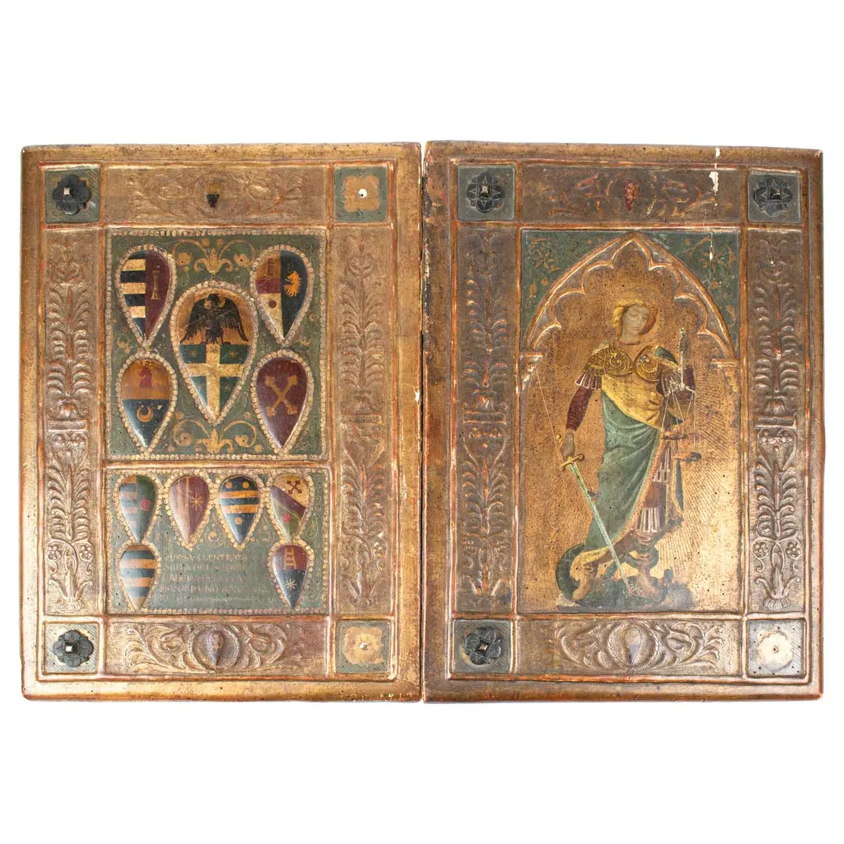 Upper Cover with a Carved & Painted Figure of the Archangel Michael and Lower Cover with the Arms of Gabriel del Commune of Sienna 1497 (2)