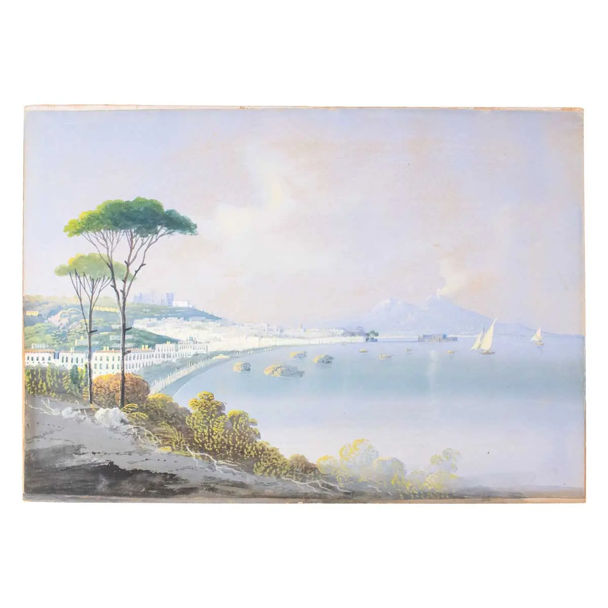 A Very Fine Pair of Large Neopolitan Gouache Paintings of the Bay of Naples with Views of Vesuvius Erupting a Fine Ash (2)