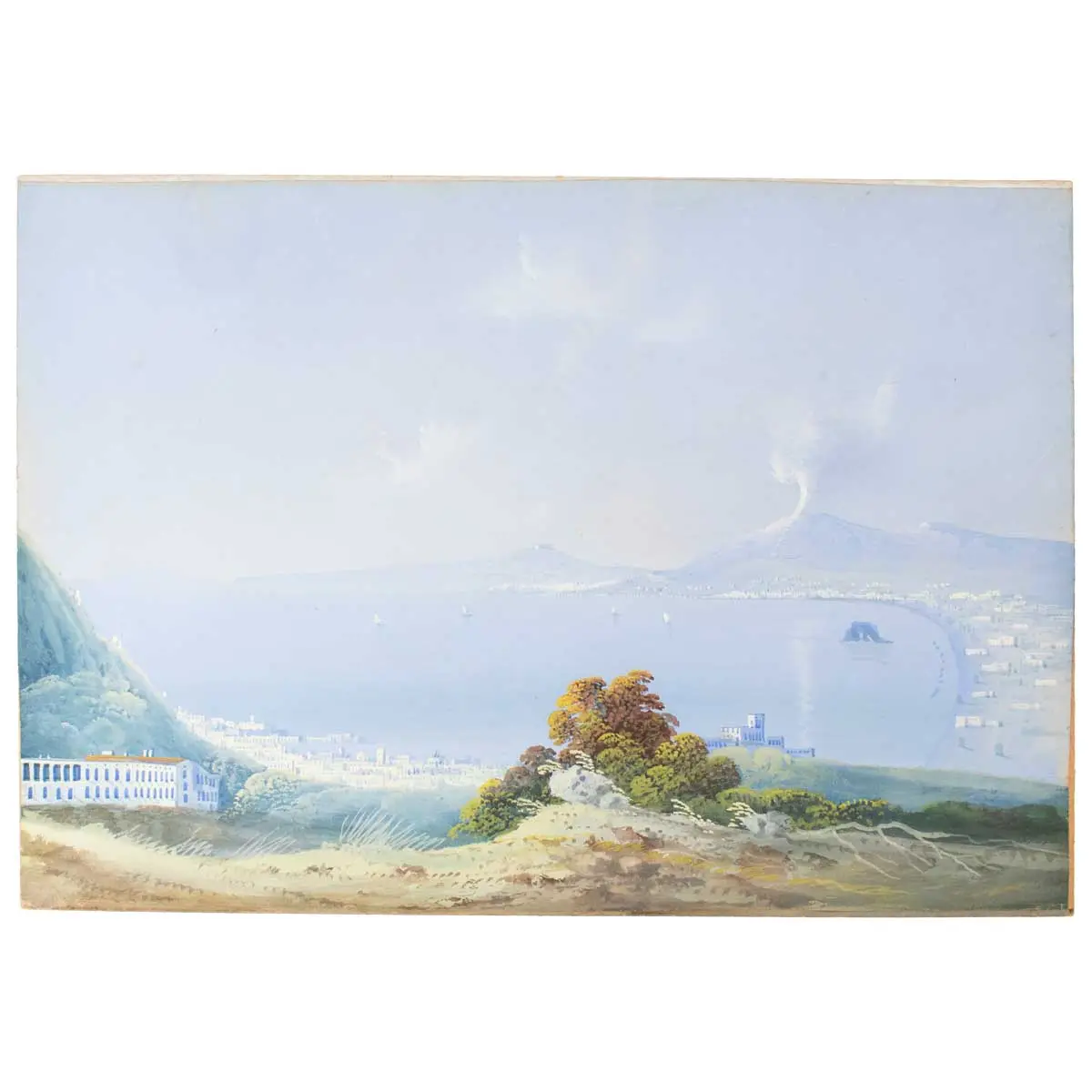 A Very Fine Pair of Large Neopolitan Gouache Paintings of the Bay of Naples with Views of Vesuvius Erupting a Fine Ash